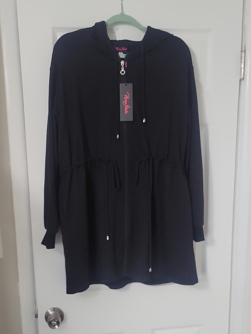Black Hooded Drawstring Sweater Jacket